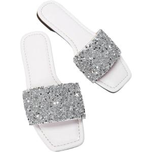 imageVerdusa Womens Rhinestone Sandals Glitter Casual Sandal Flats Open Toe Sparkle SlidesWhite and Sliver