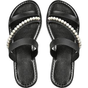 imageVerdusa Womens Pearls Braided Flat Sandals Open Toe Slip On Beach SlidesBlack