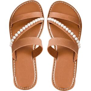 imageVerdusa Womens Pearls Braided Flat Sandals Open Toe Slip On Beach SlidesBrown
