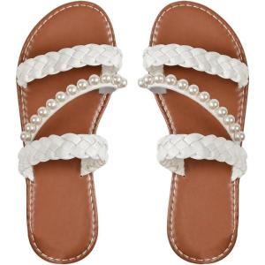 imageVerdusa Womens Pearls Braided Flat Sandals Open Toe Slip On Beach SlidesWhite
