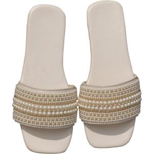 imageVerdusa Womens Square Open Toe Pearls Flat Sandals Slip On Slides Summer SandalsWhite