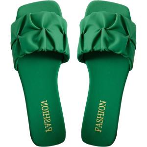 imageVerdusa Womens Square Toe Pleated Slide Sandals Summer Sandals SlippersGreen