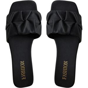 imageVerdusa Womens Square Toe Pleated Slide Sandals Summer Sandals SlippersSolid Black