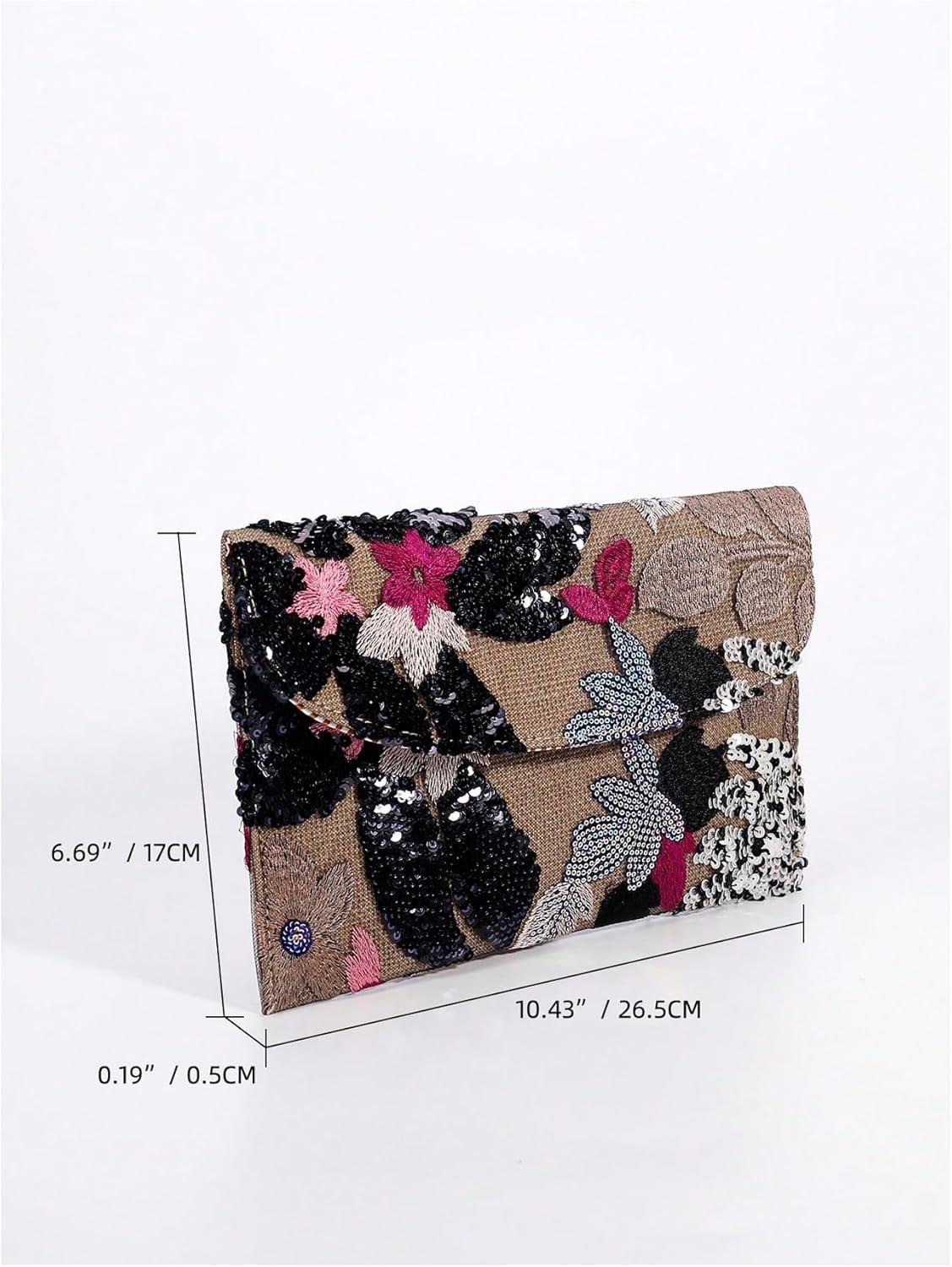 imageVerdusa Womens Floral Embroidery Sequin Evening Clutch Bags Party PursesBlack
