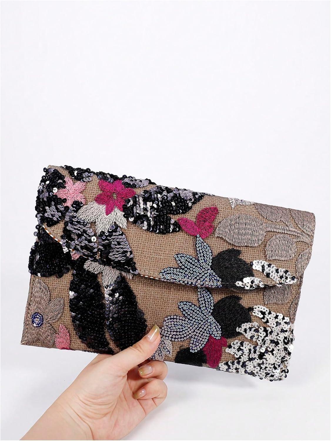 imageVerdusa Womens Floral Embroidery Sequin Evening Clutch Bags Party PursesBlack