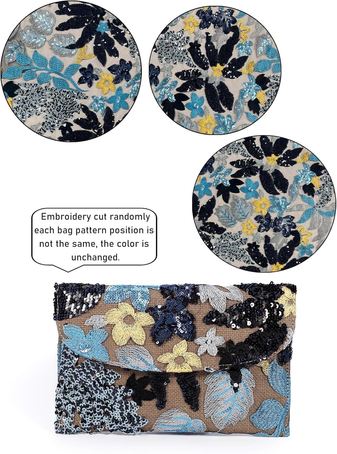 imageVerdusa Womens Floral Embroidery Sequin Evening Clutch Bags Party PursesBlue Black