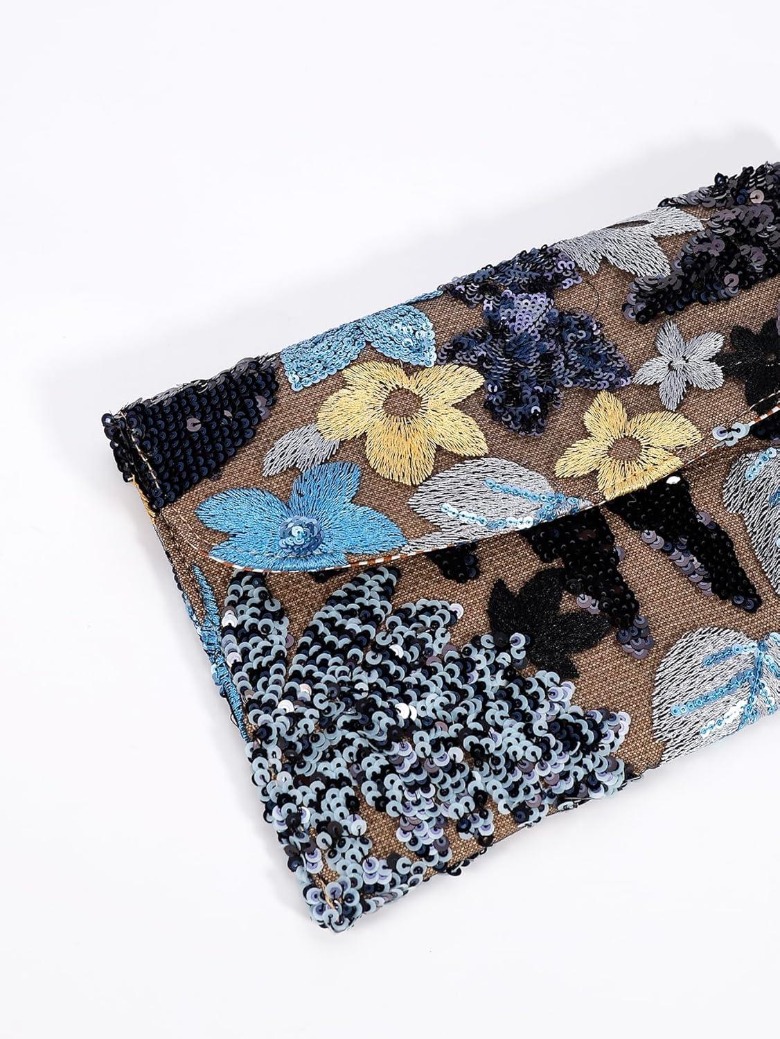 imageVerdusa Womens Floral Embroidery Sequin Evening Clutch Bags Party PursesBlue Black