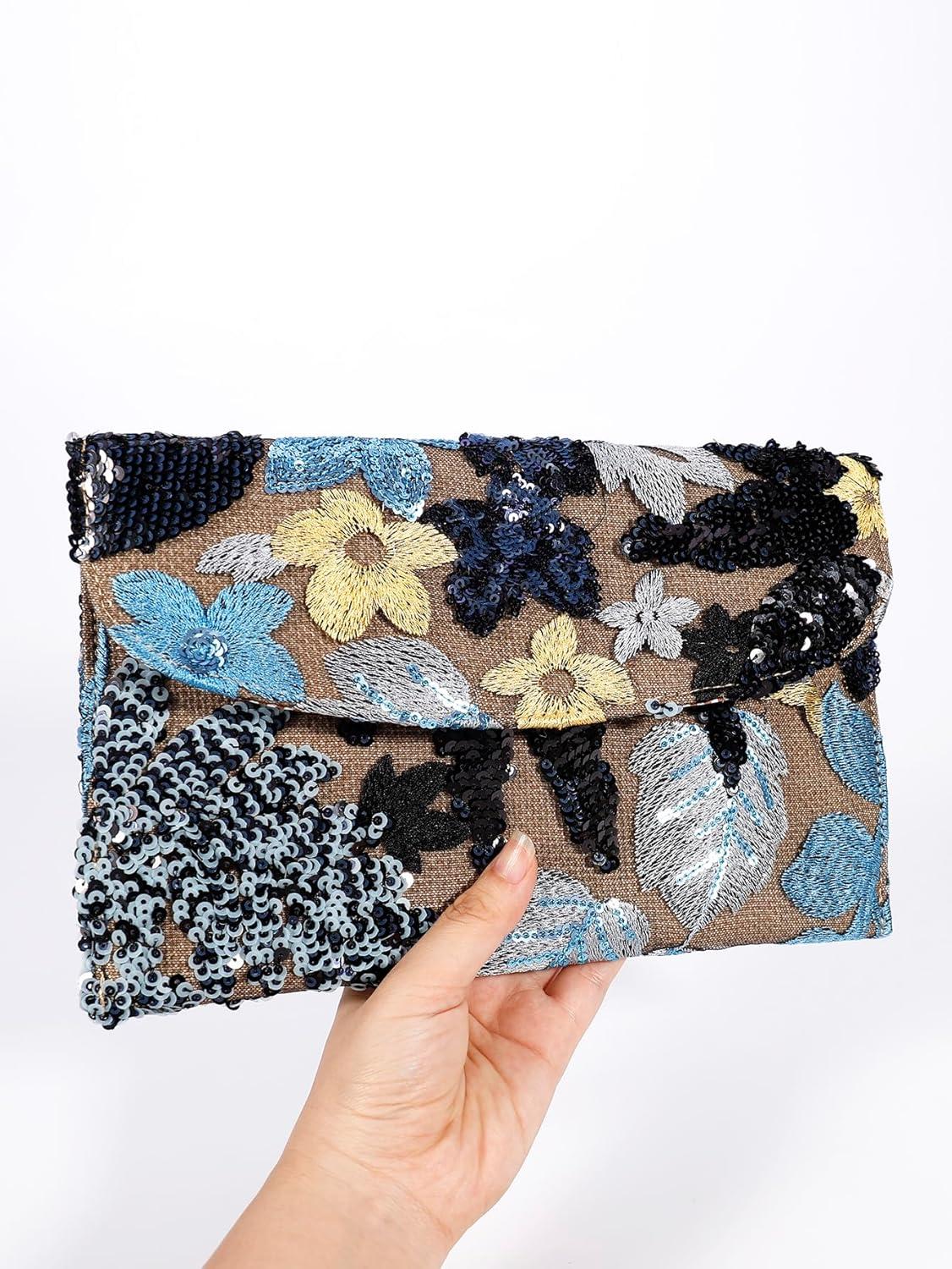 imageVerdusa Womens Floral Embroidery Sequin Evening Clutch Bags Party PursesBlue Black