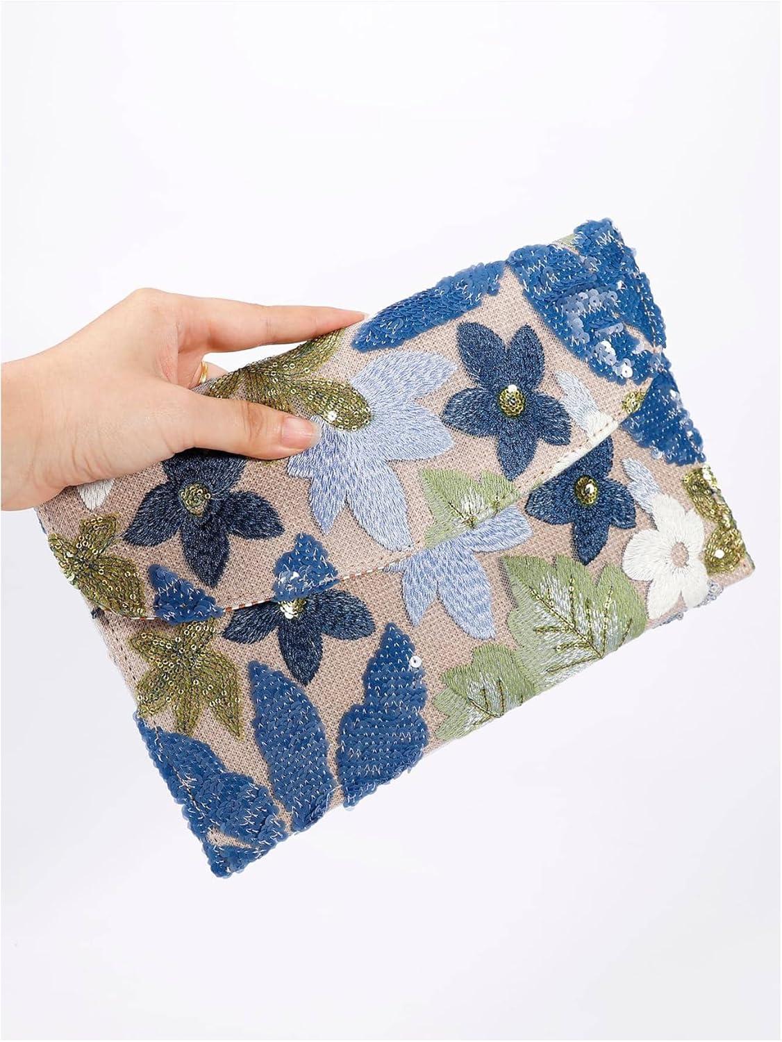 imageVerdusa Womens Floral Embroidery Sequin Evening Clutch Bags Party PursesBlue Multi