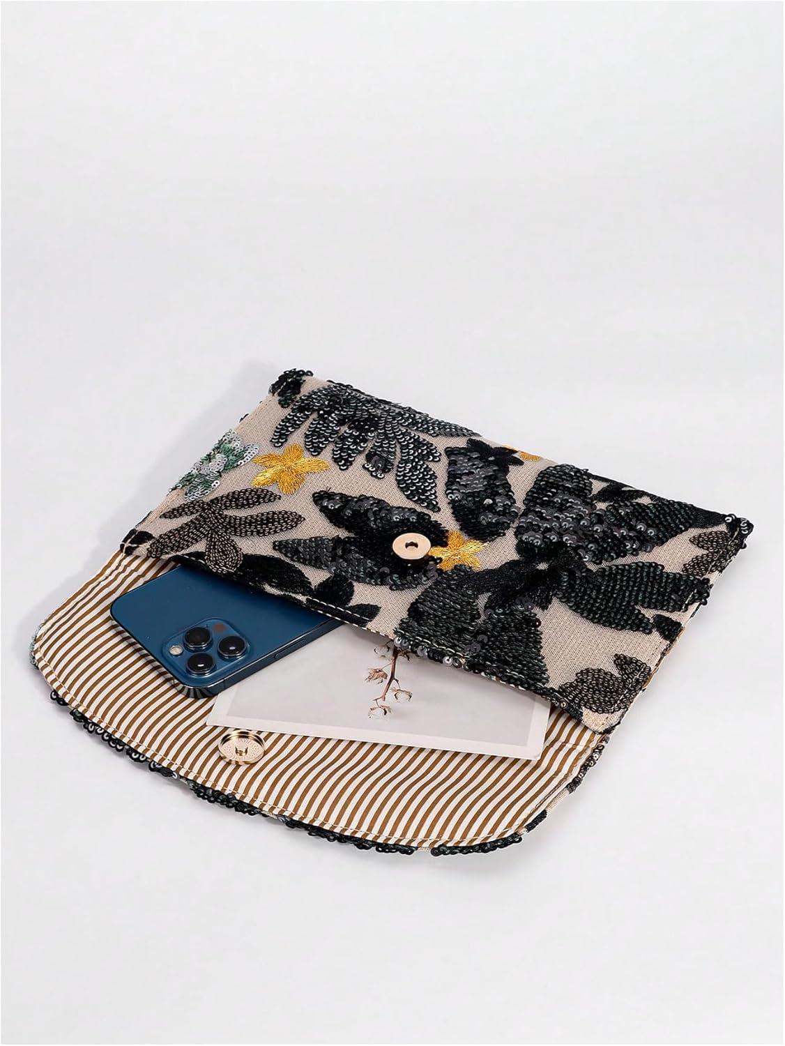 imageVerdusa Womens Floral Embroidery Sequin Evening Clutch Bags Party PursesGold Black