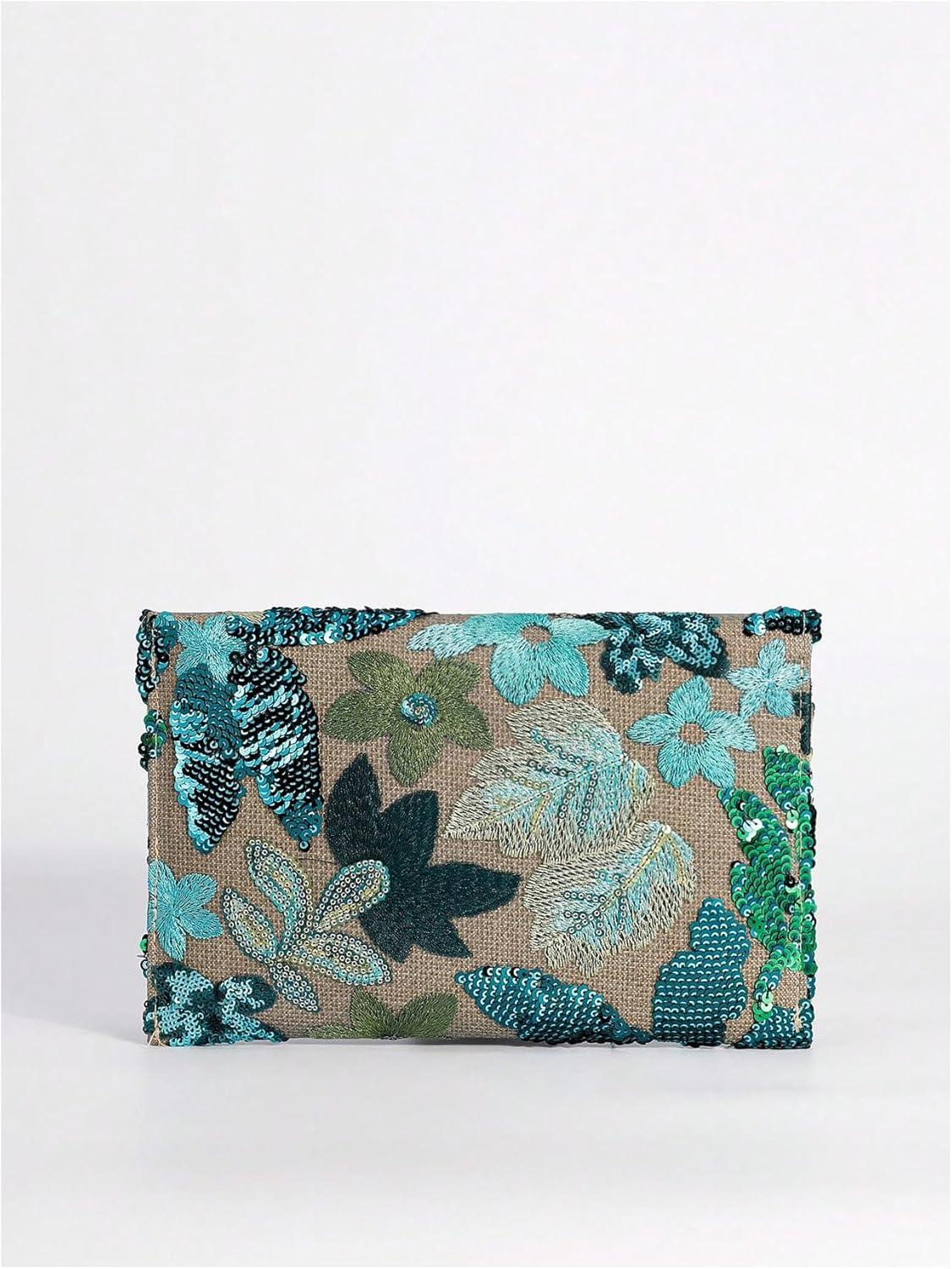 imageVerdusa Womens Floral Embroidery Sequin Evening Clutch Bags Party PursesGreen