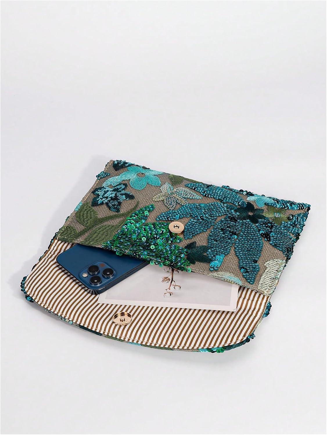 imageVerdusa Womens Floral Embroidery Sequin Evening Clutch Bags Party PursesGreen