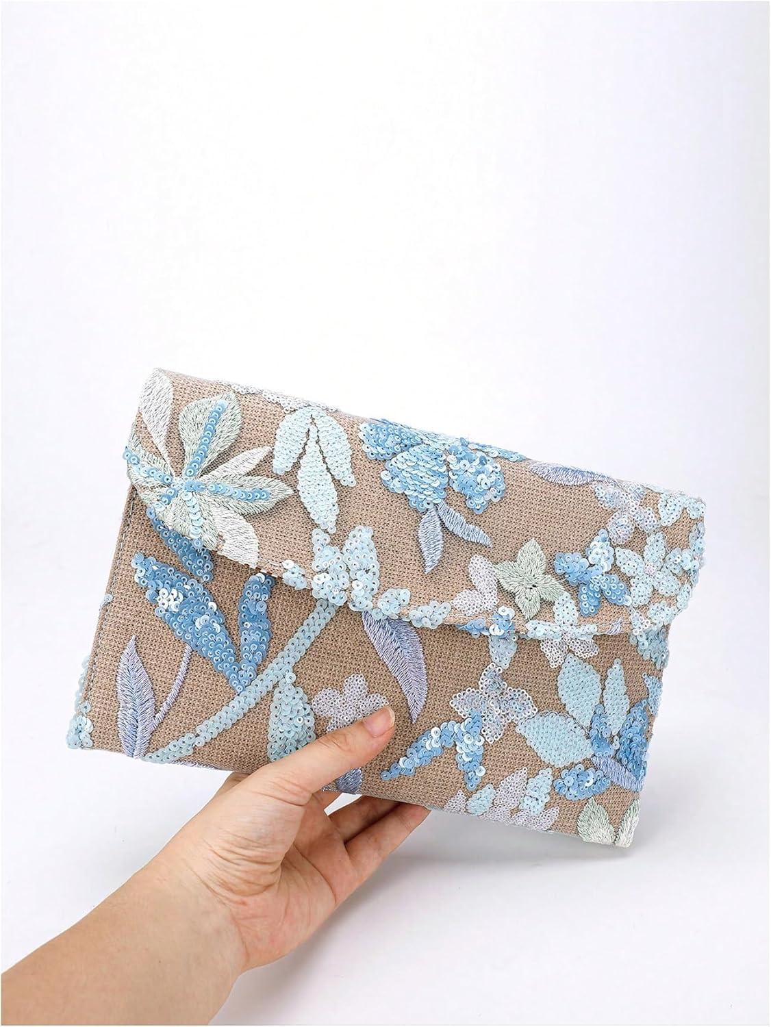 imageVerdusa Womens Floral Embroidery Sequin Evening Clutch Bags Party PursesLight Blue