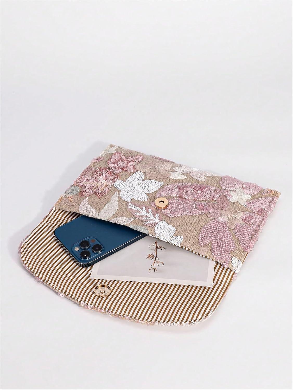 imageVerdusa Womens Floral Embroidery Sequin Evening Clutch Bags Party PursesLight Pink