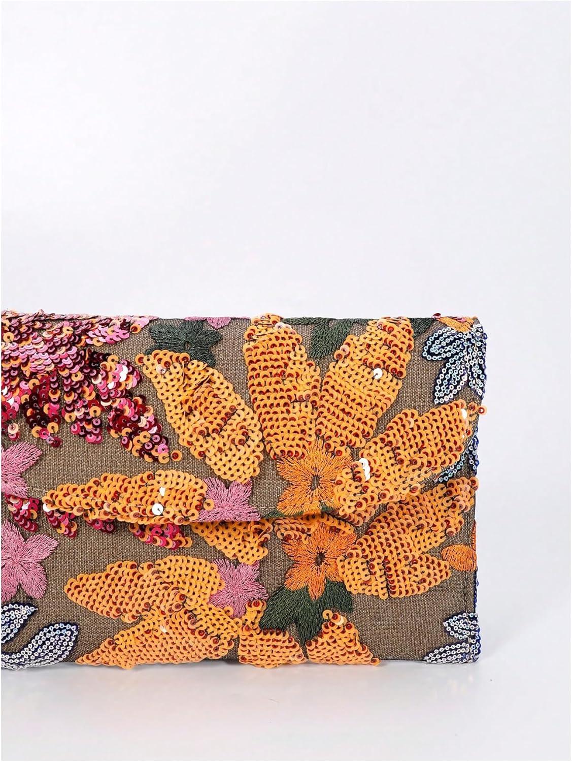 imageVerdusa Womens Floral Embroidery Sequin Evening Clutch Bags Party PursesOrange