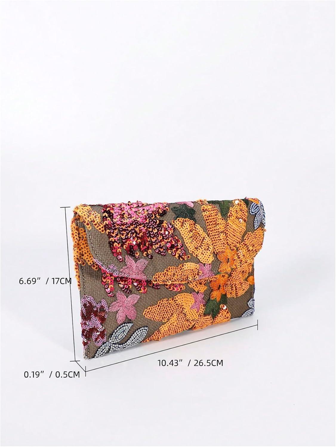 imageVerdusa Womens Floral Embroidery Sequin Evening Clutch Bags Party PursesOrange