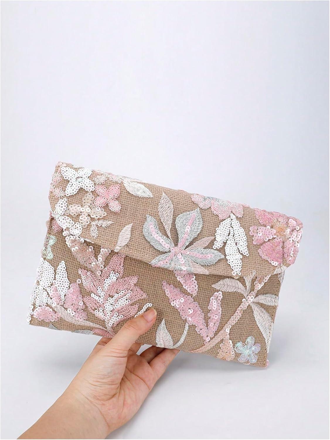 imageVerdusa Womens Floral Embroidery Sequin Evening Clutch Bags Party PursesPink