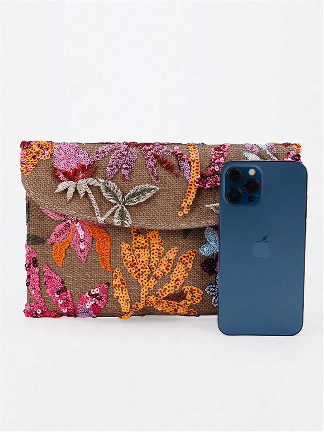 imageVerdusa Womens Floral Embroidery Sequin Evening Clutch Bags Party PursesPink Brown