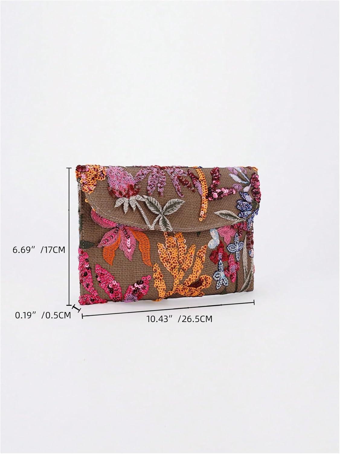 imageVerdusa Womens Floral Embroidery Sequin Evening Clutch Bags Party PursesPink Brown