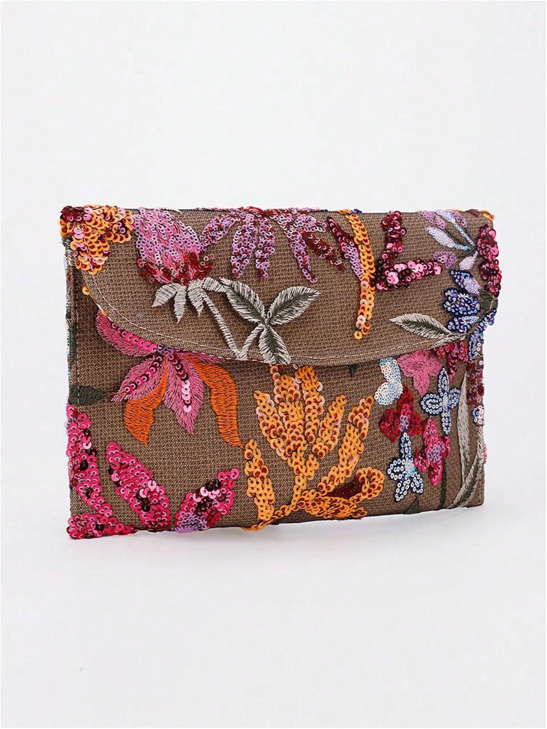 imageVerdusa Womens Floral Embroidery Sequin Evening Clutch Bags Party PursesPink Brown