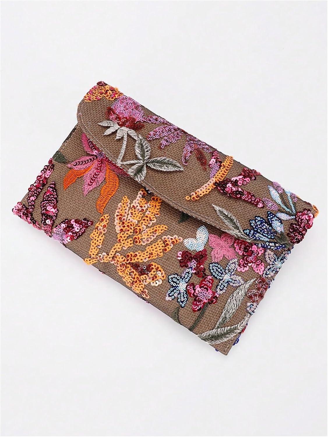 imageVerdusa Womens Floral Embroidery Sequin Evening Clutch Bags Party PursesPink Brown