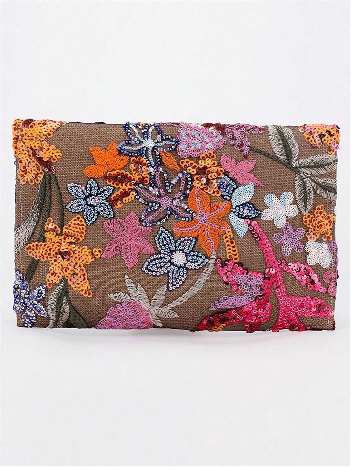 imageVerdusa Womens Floral Embroidery Sequin Evening Clutch Bags Party PursesPink Brown