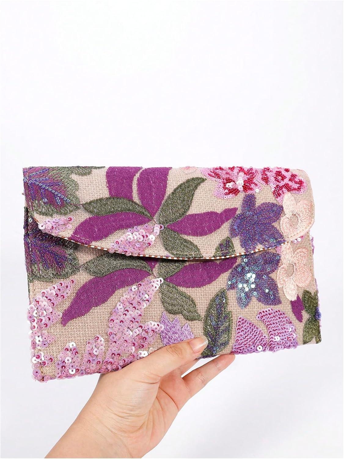 imageVerdusa Womens Floral Embroidery Sequin Evening Clutch Bags Party PursesPurple
