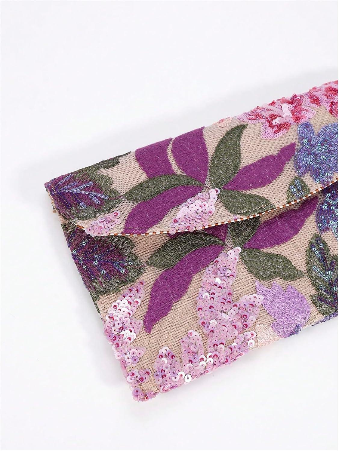 imageVerdusa Womens Floral Embroidery Sequin Evening Clutch Bags Party PursesPurple