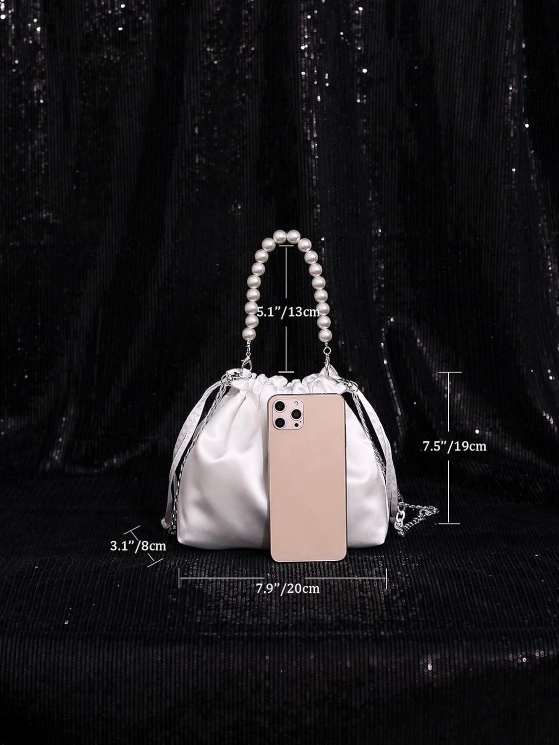 imageVerdusa Womens Satin Evening Bag Pearl Drawstring Handbag Clutch PurseWhite