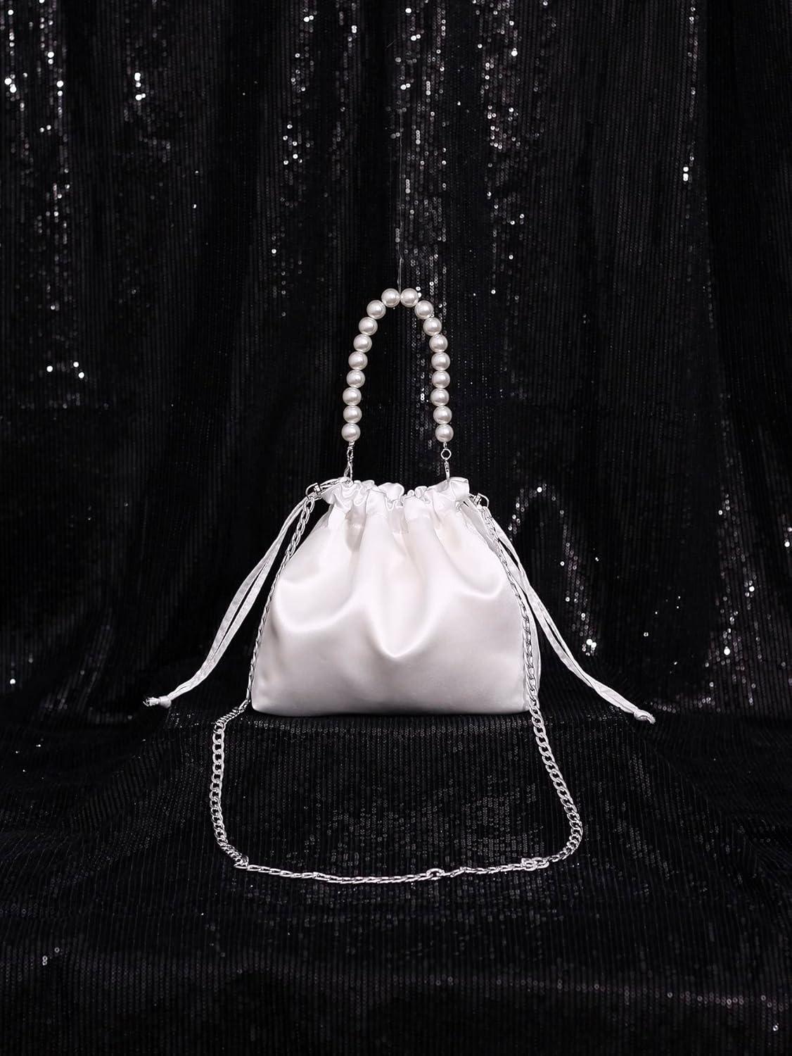 imageVerdusa Womens Satin Evening Bag Pearl Drawstring Handbag Clutch PurseWhite