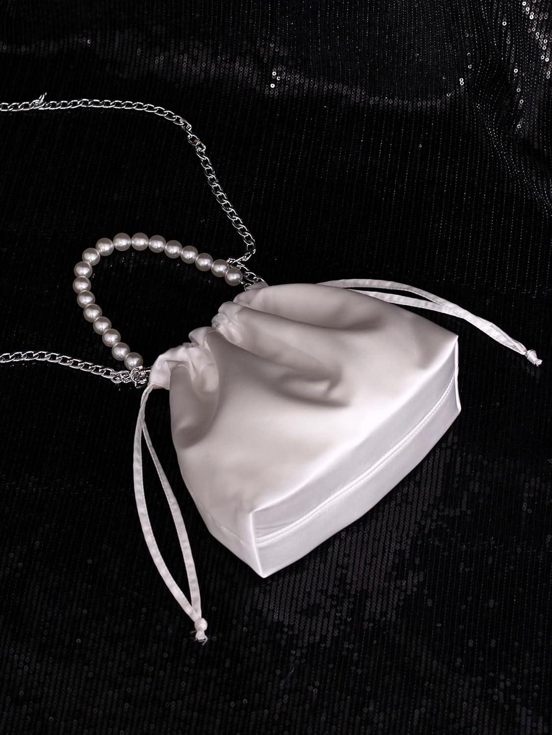 imageVerdusa Womens Satin Evening Bag Pearl Drawstring Handbag Clutch PurseWhite