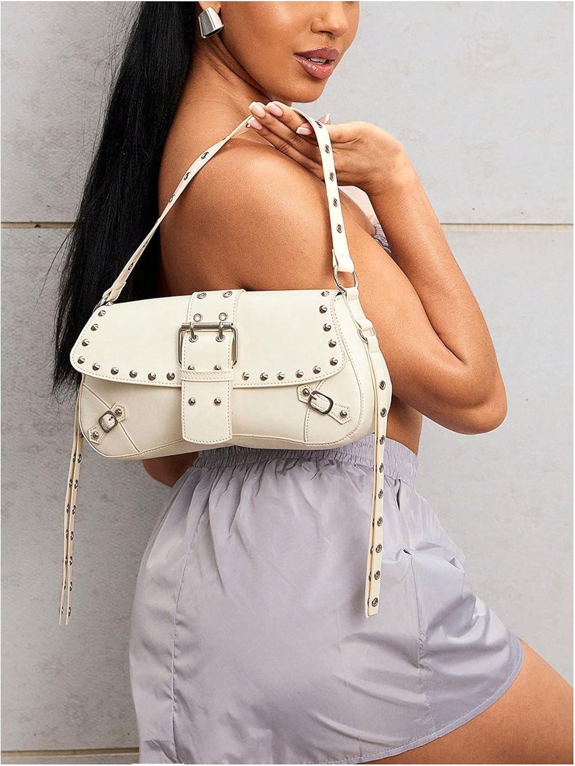 imageVerdusa Womens Shoulder Bag Y2K Handbag Cute Trendy Goth Studded Rivet Punk PurseBeige