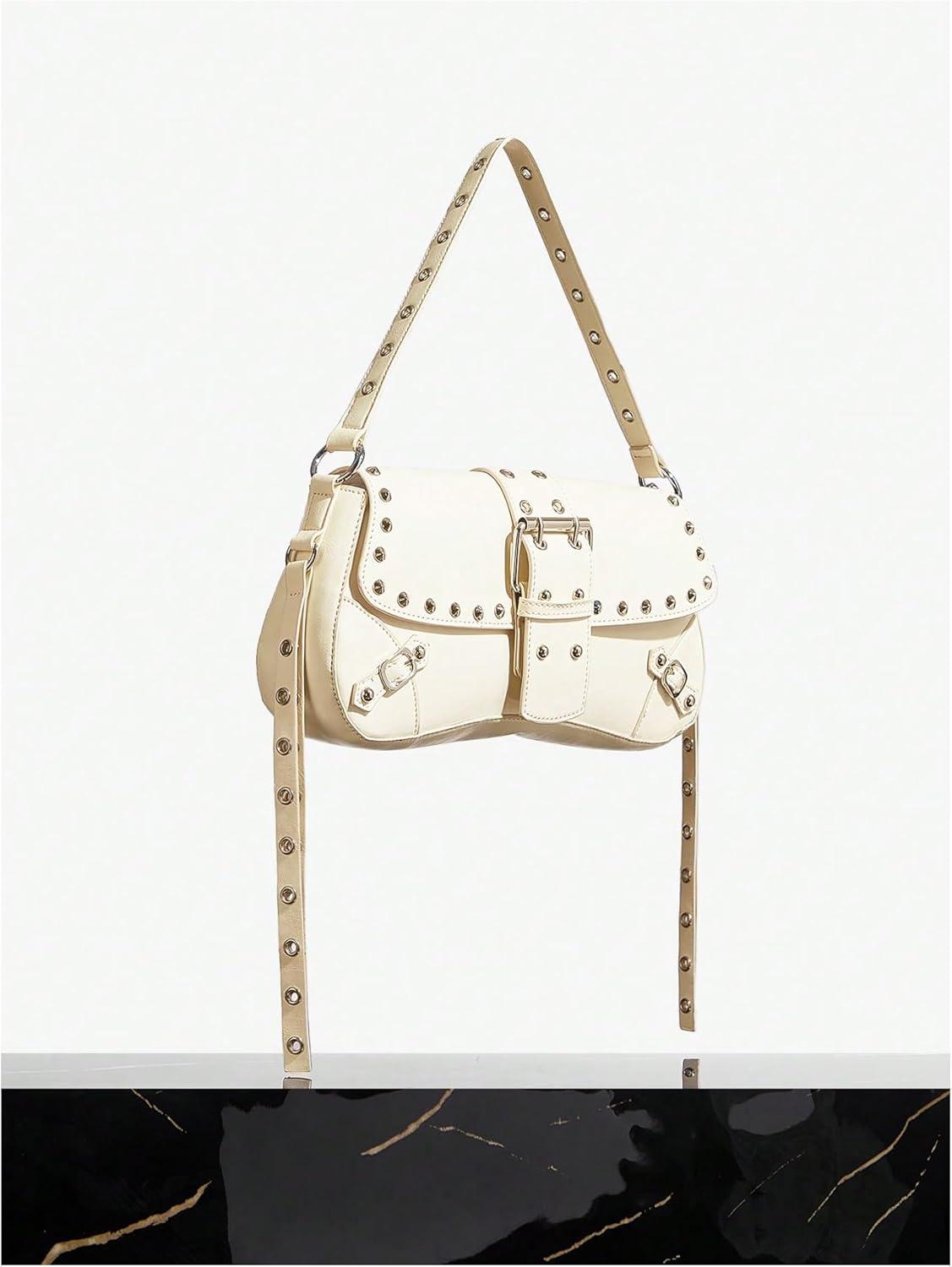 imageVerdusa Womens Shoulder Bag Y2K Handbag Cute Trendy Goth Studded Rivet Punk PurseBeige