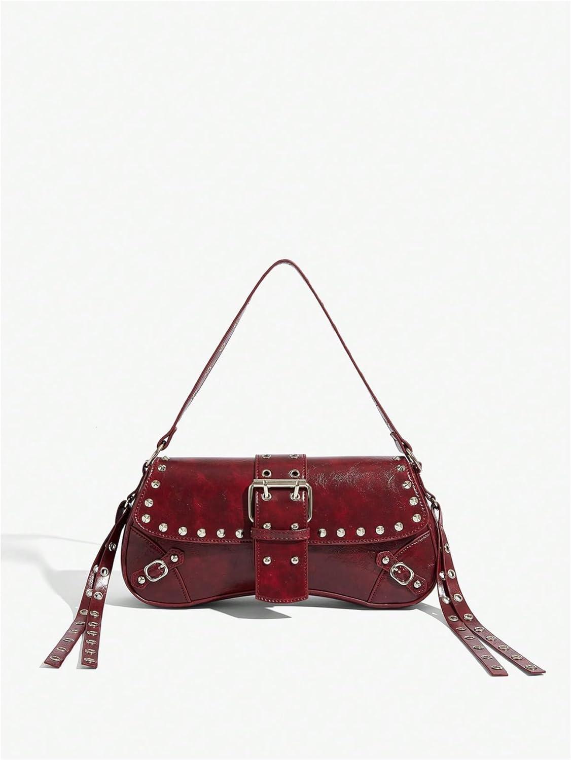 imageVerdusa Womens Shoulder Bag Y2K Handbag Cute Trendy Goth Studded Rivet Punk PurseBurgundy