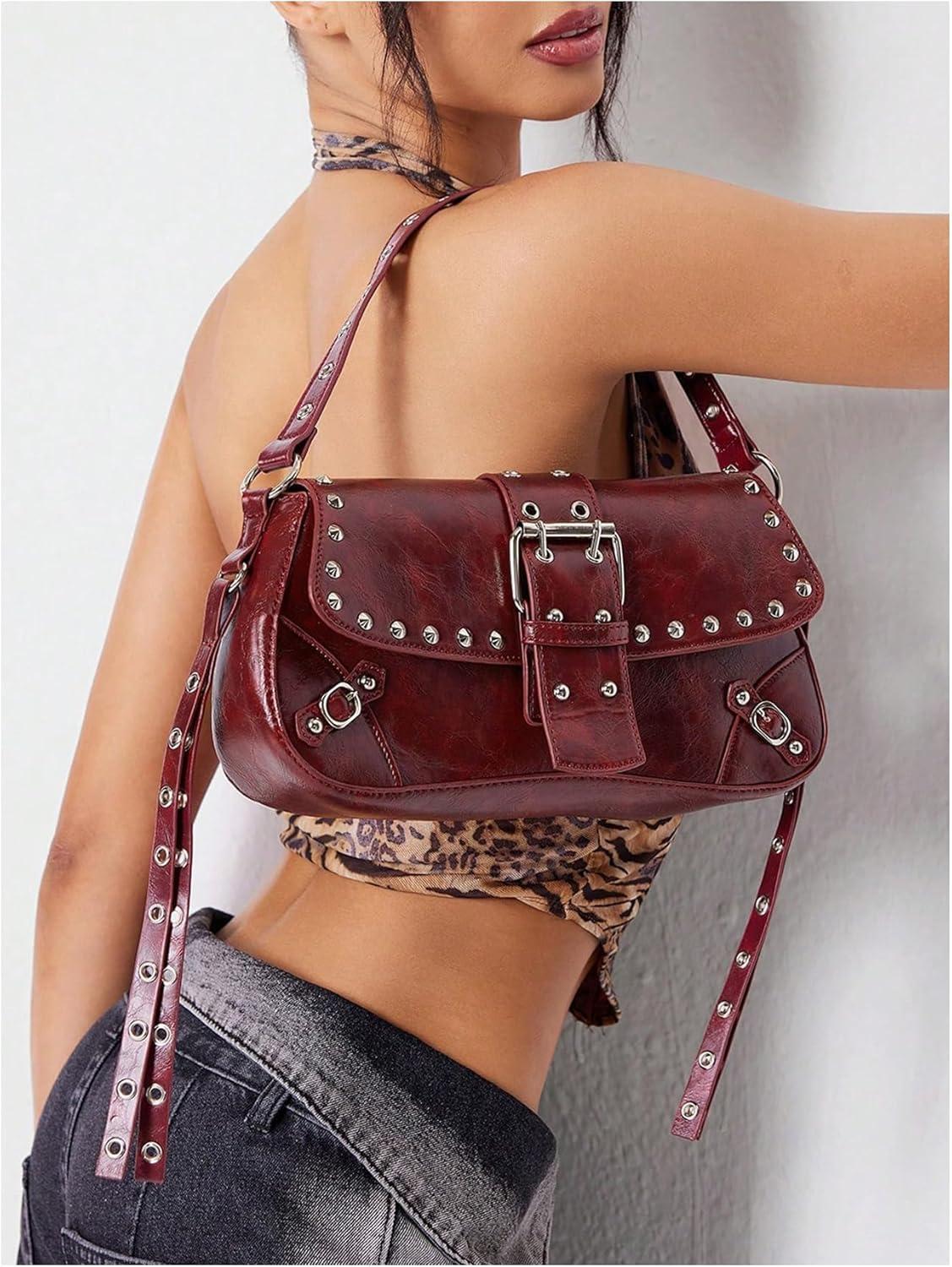 imageVerdusa Womens Shoulder Bag Y2K Handbag Cute Trendy Goth Studded Rivet Punk PurseBurgundy