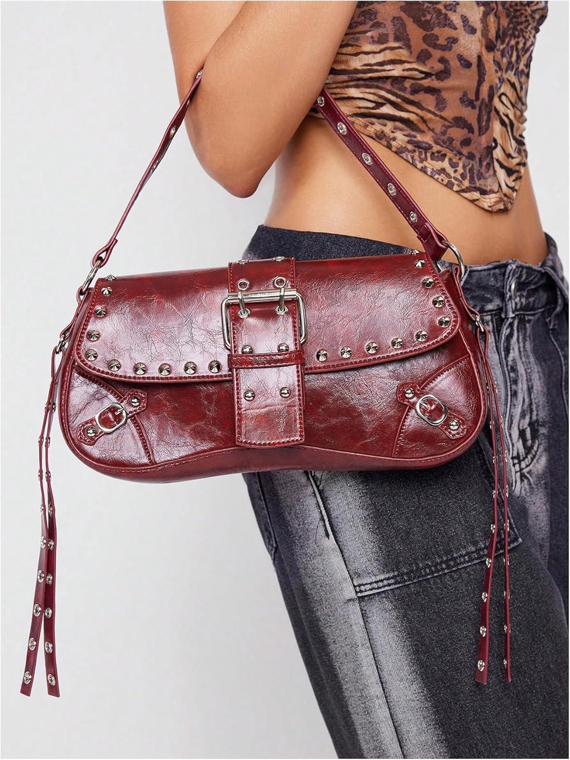 imageVerdusa Womens Shoulder Bag Y2K Handbag Cute Trendy Goth Studded Rivet Punk PurseBurgundy