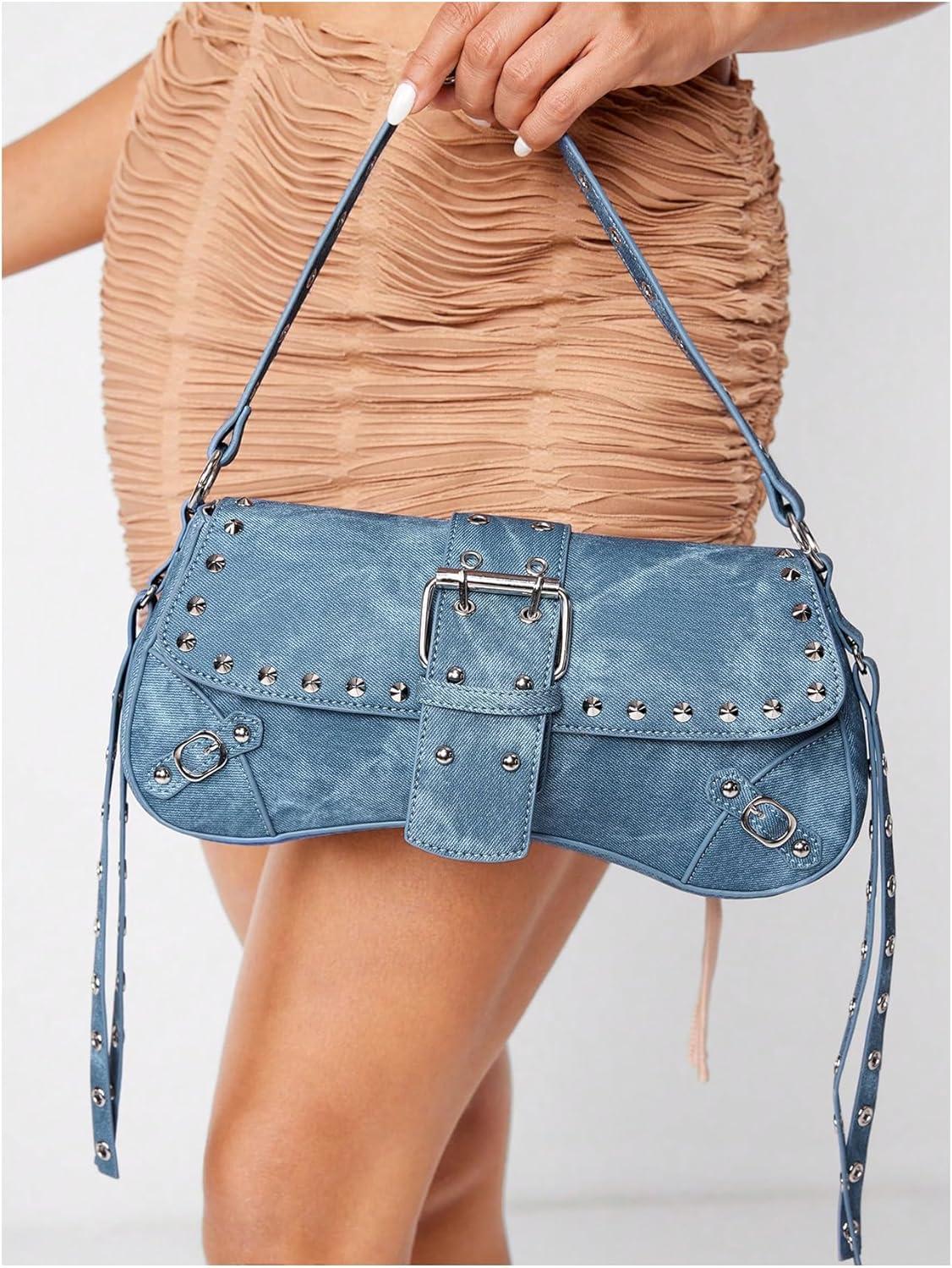 imageVerdusa Womens Shoulder Bag Y2K Handbag Cute Trendy Goth Studded Rivet Punk PurseDusty Blue