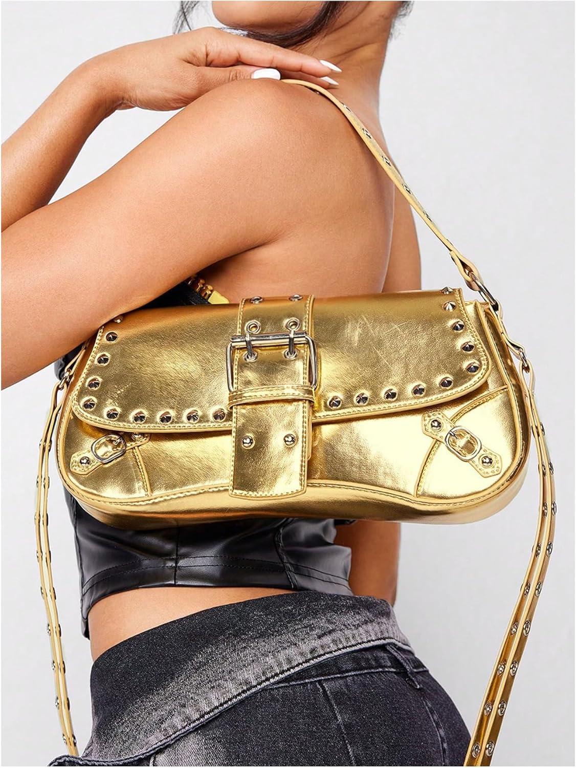imageVerdusa Womens Shoulder Bag Y2K Handbag Cute Trendy Goth Studded Rivet Punk PurseGold