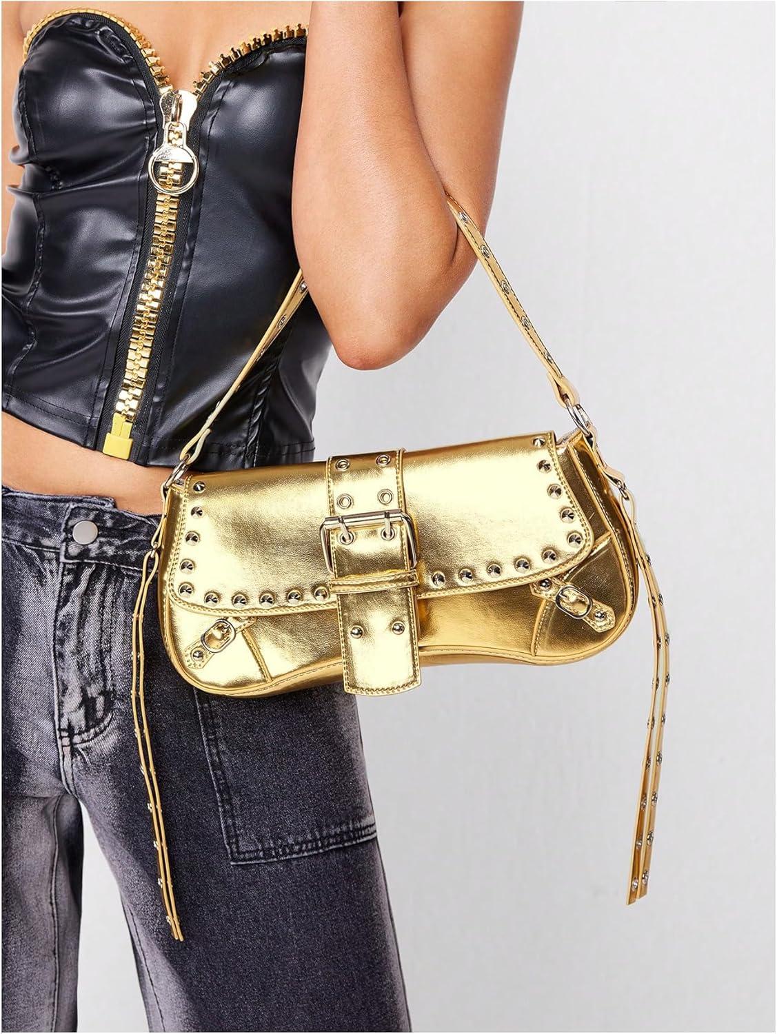 imageVerdusa Womens Shoulder Bag Y2K Handbag Cute Trendy Goth Studded Rivet Punk PurseGold