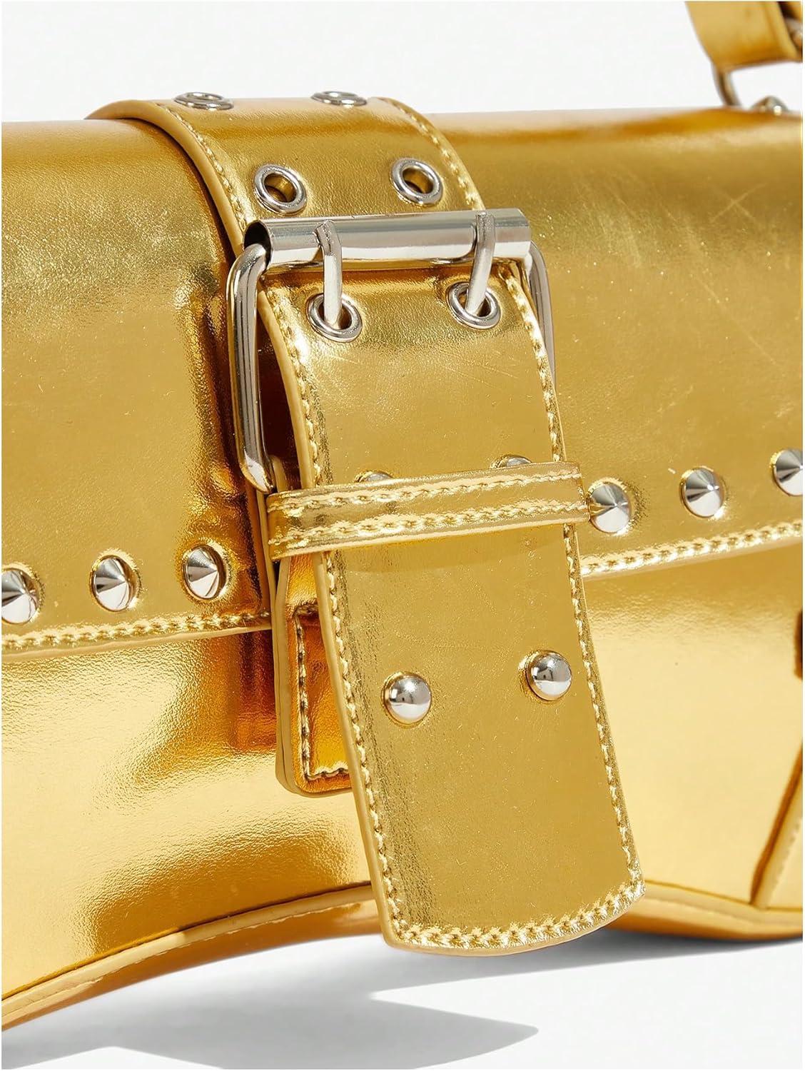imageVerdusa Womens Shoulder Bag Y2K Handbag Cute Trendy Goth Studded Rivet Punk PurseGold