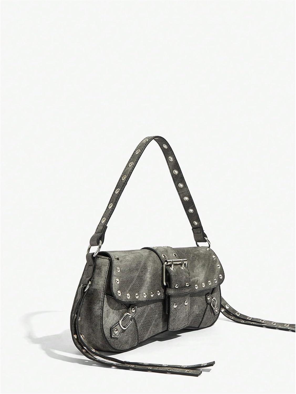 imageVerdusa Womens Shoulder Bag Y2K Handbag Cute Trendy Goth Studded Rivet Punk PurseGrey