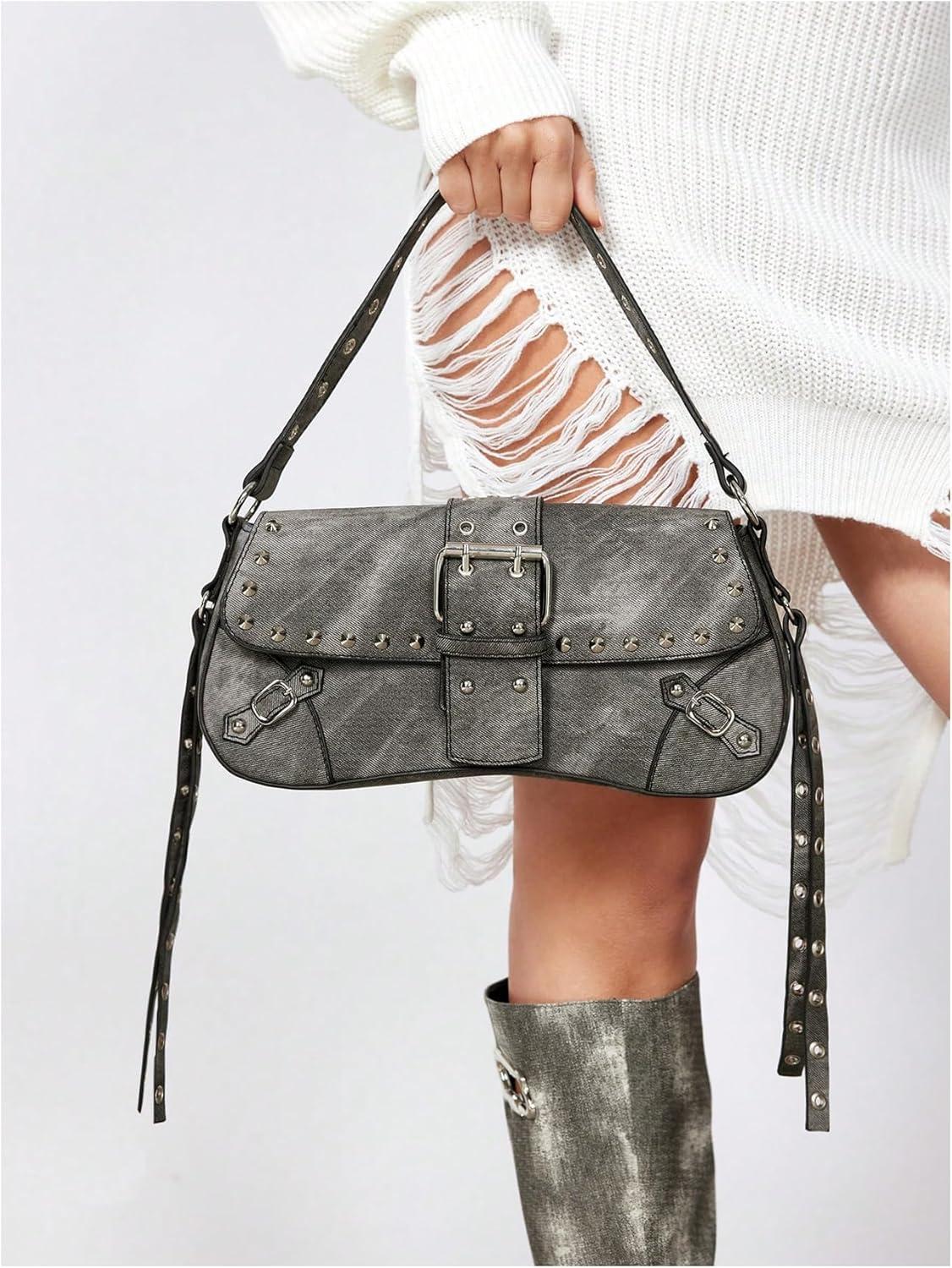 imageVerdusa Womens Shoulder Bag Y2K Handbag Cute Trendy Goth Studded Rivet Punk PurseGrey