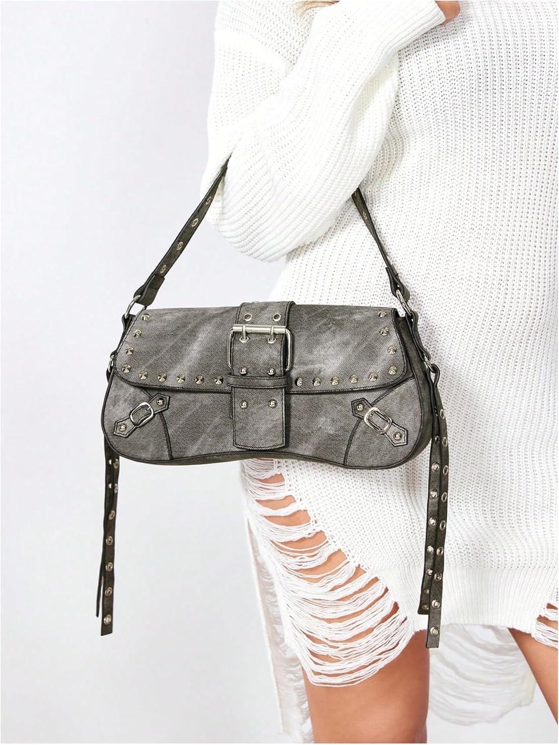 imageVerdusa Womens Shoulder Bag Y2K Handbag Cute Trendy Goth Studded Rivet Punk PurseGrey