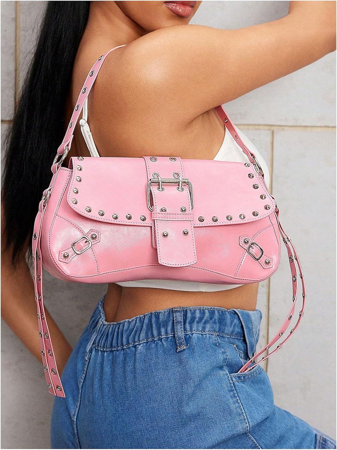 imageVerdusa Womens Shoulder Bag Y2K Handbag Cute Trendy Goth Studded Rivet Punk PurseLight Pink