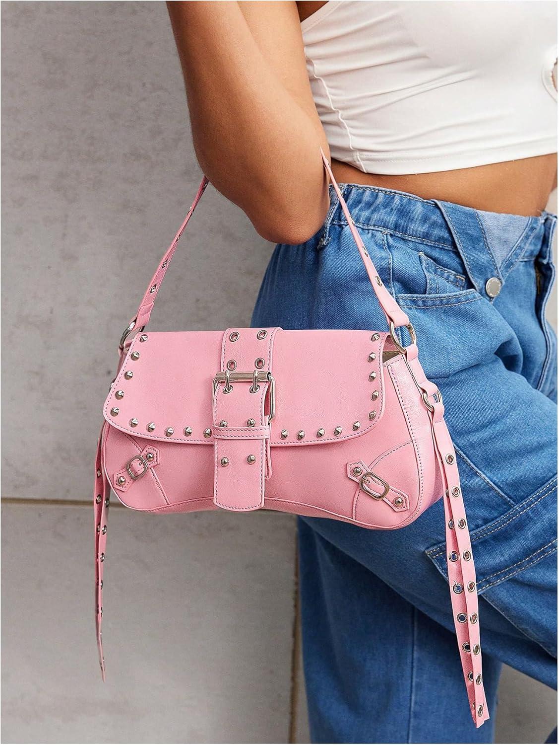 imageVerdusa Womens Shoulder Bag Y2K Handbag Cute Trendy Goth Studded Rivet Punk PurseLight Pink