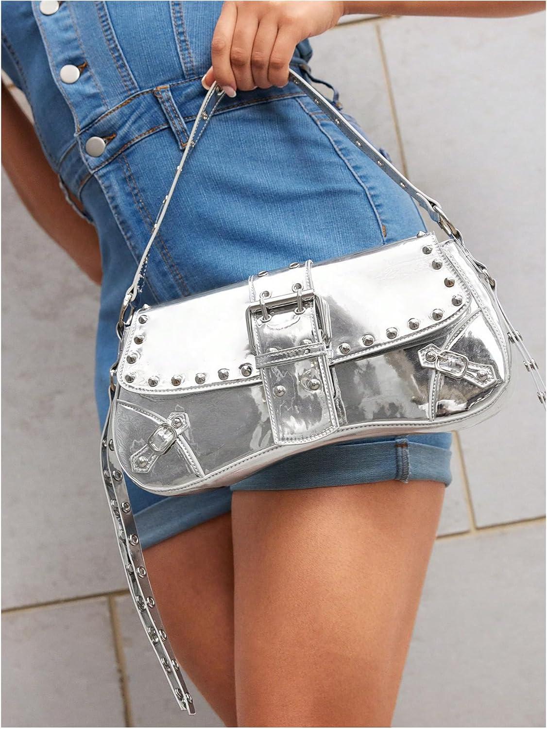 imageVerdusa Womens Shoulder Bag Y2K Handbag Cute Trendy Goth Studded Rivet Punk PurseSilver