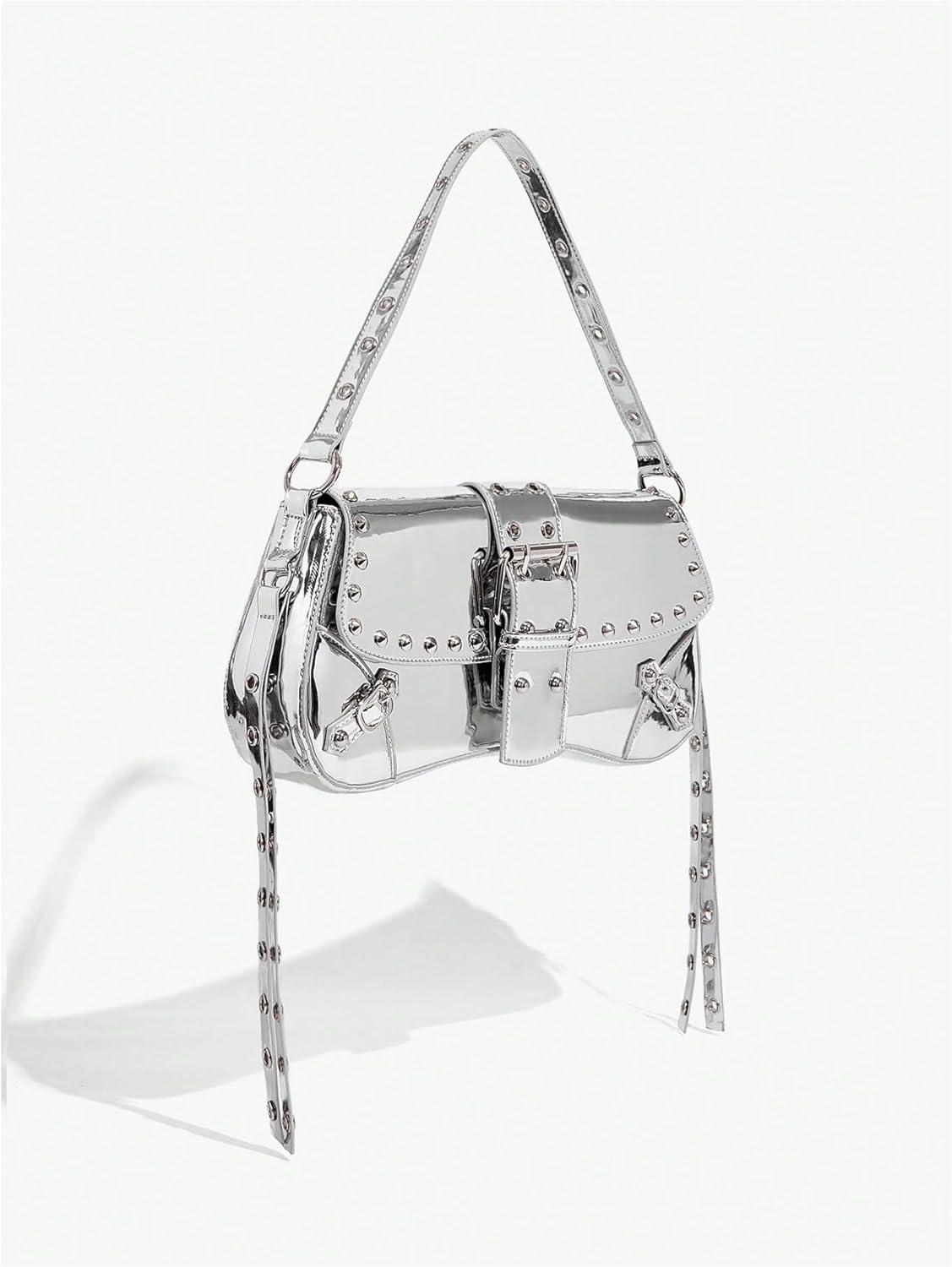 imageVerdusa Womens Shoulder Bag Y2K Handbag Cute Trendy Goth Studded Rivet Punk PurseSilver