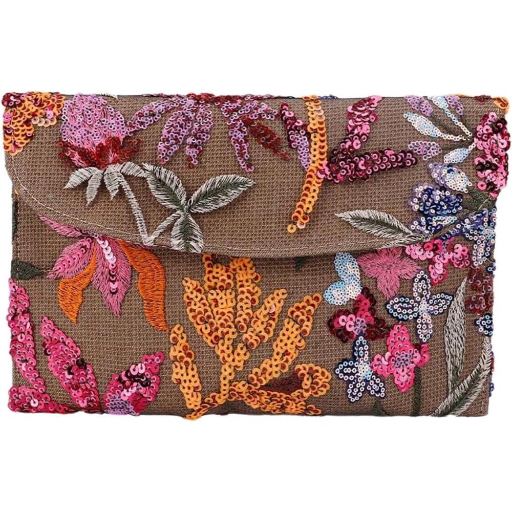 imageVerdusa Womens Floral Embroidery Sequin Evening Clutch Bags Party PursesPink Brown