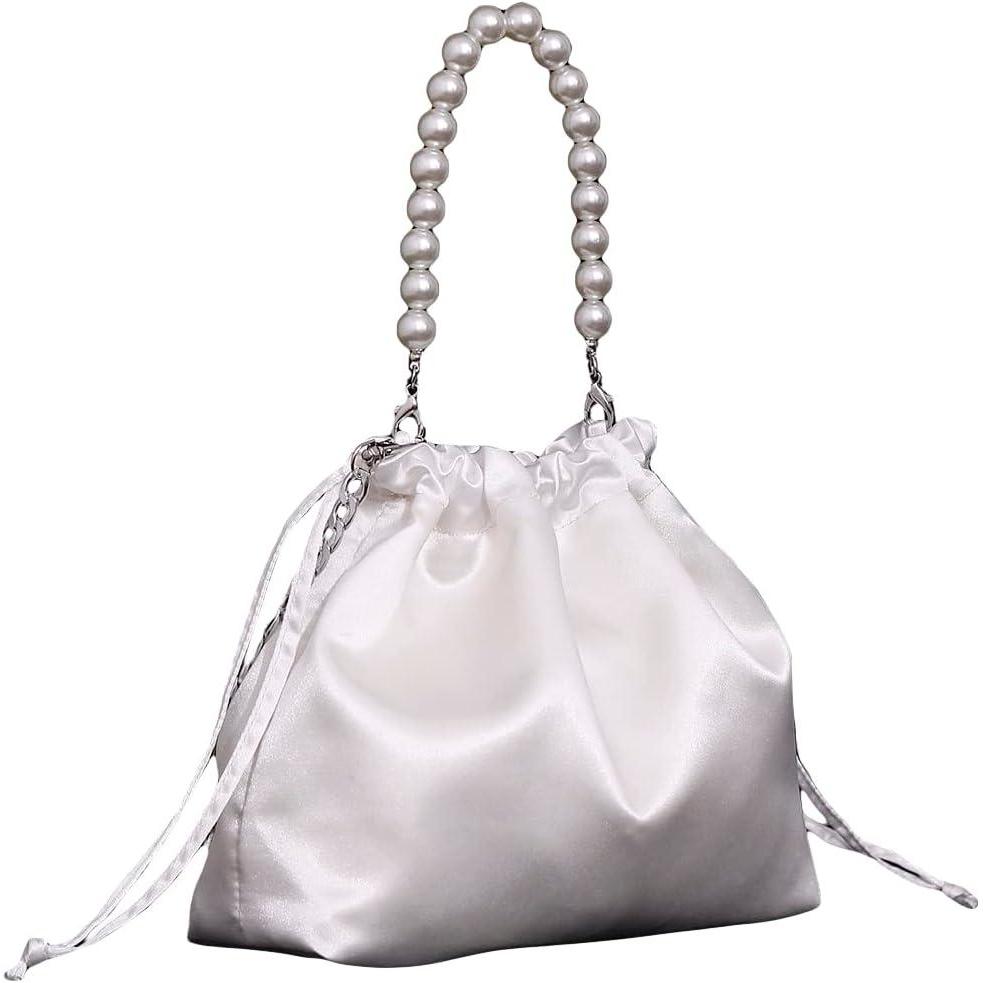 imageVerdusa Womens Satin Evening Bag Pearl Drawstring Handbag Clutch PurseWhite