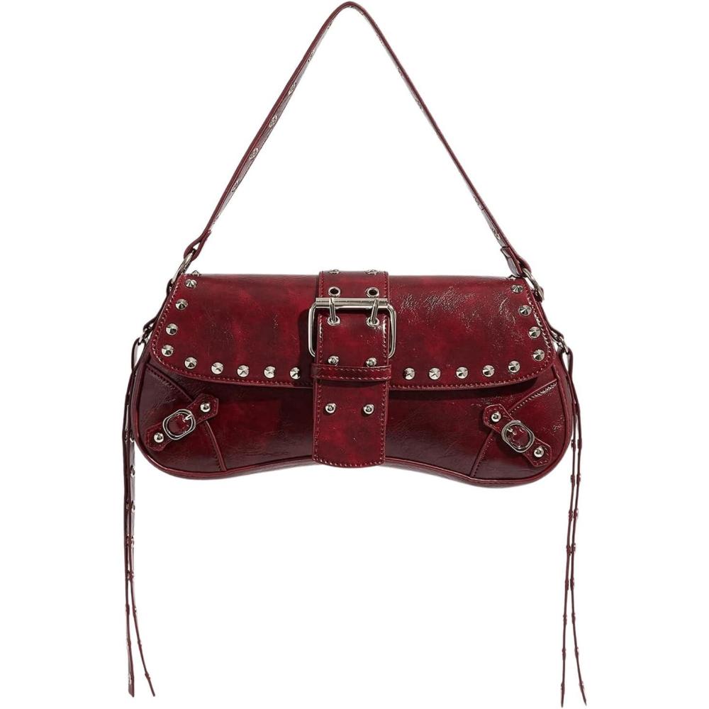 imageVerdusa Womens Shoulder Bag Y2K Handbag Cute Trendy Goth Studded Rivet Punk PurseBurgundy